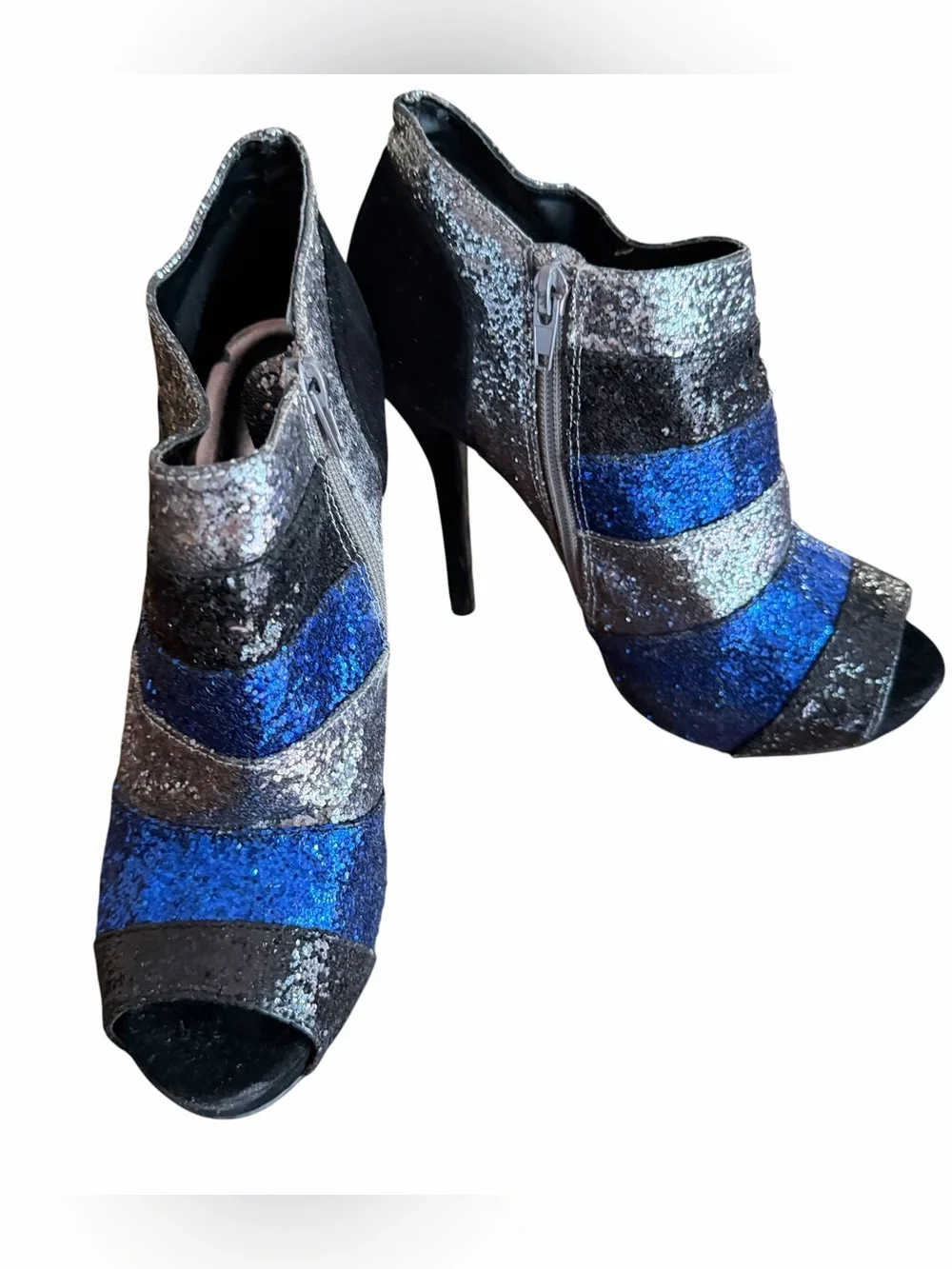 Vintage Y2K Deb Glitter Peep Toe Ankle Booties 5.5” Heel Blue Silver Sz 8.5